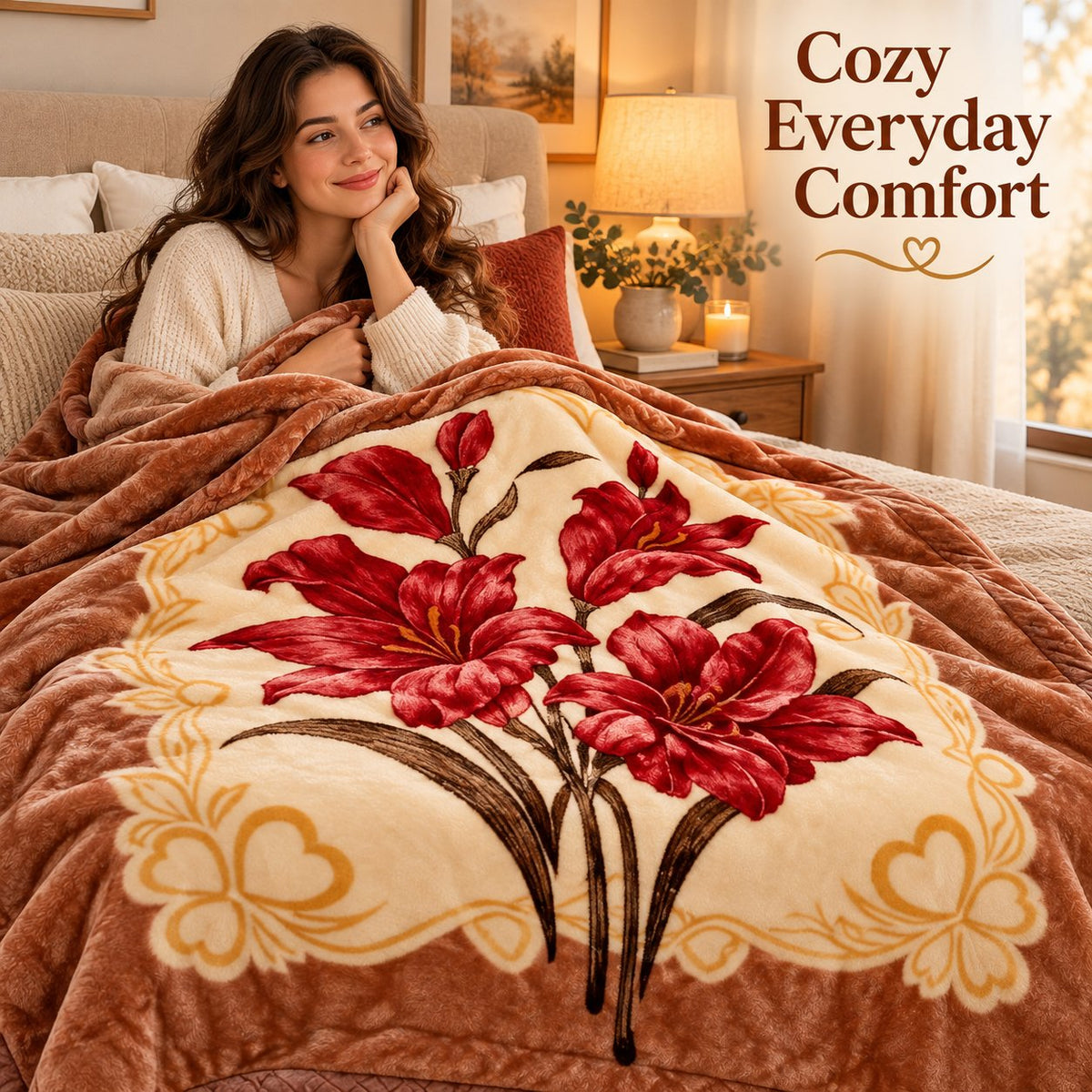 Cozy everyday comfort, woman relaxing with floral blanket