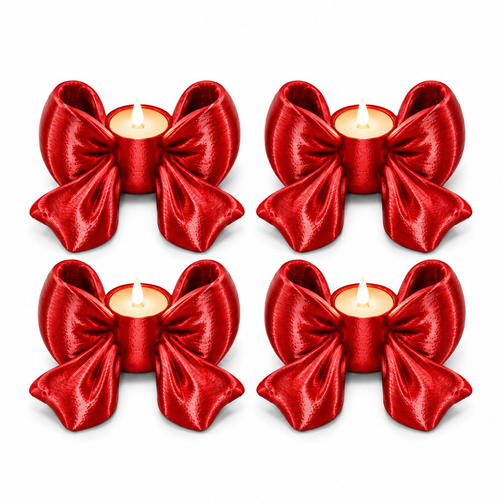 Set of 4 red Christmas bow tealight candle holders with LED candles