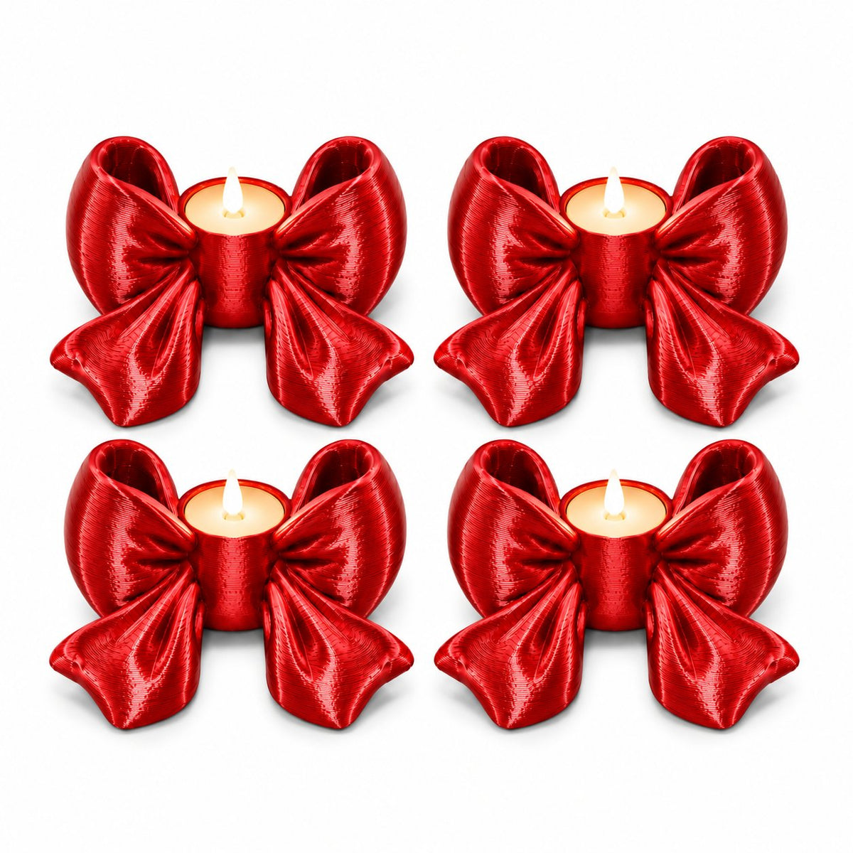 Set of 4 red Christmas bow tealight candle holders with LED candles
