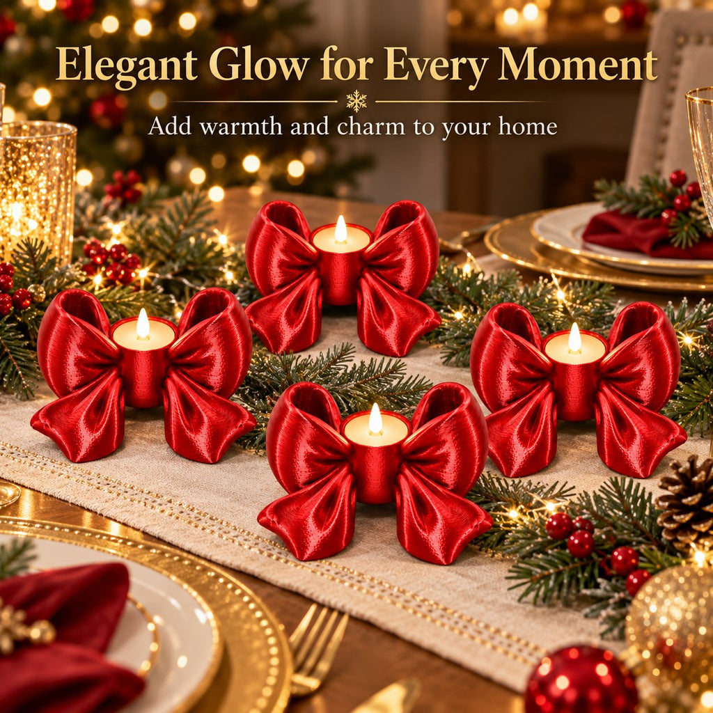Red bow candle holders on Christmas dining table centerpiece