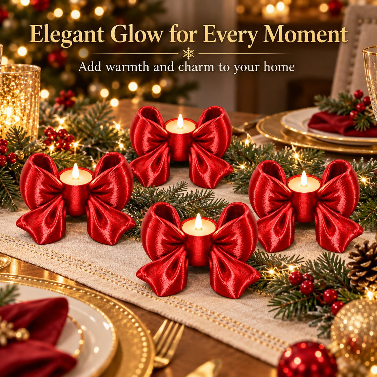 Red bow candle holders on Christmas dining table centerpiece