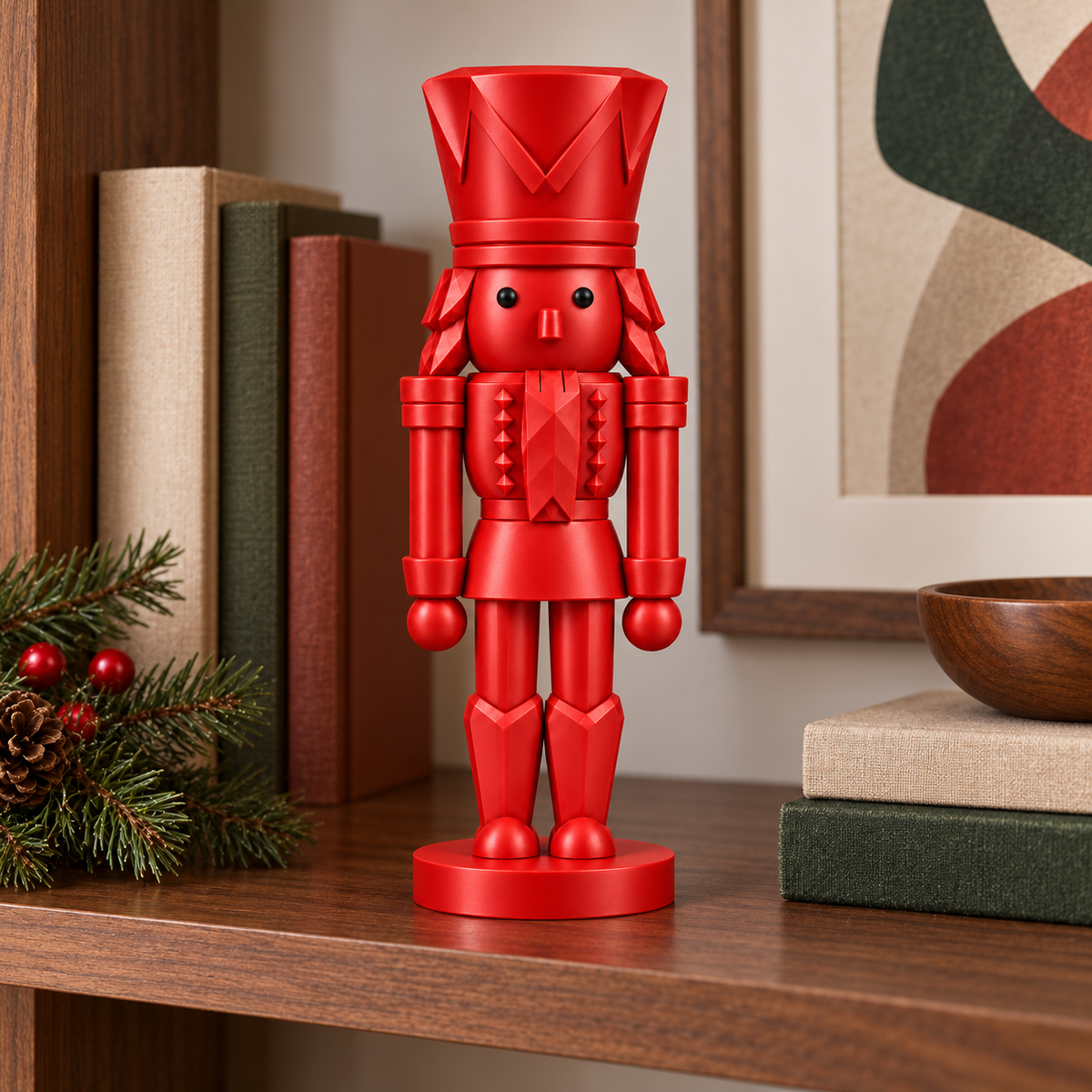 Classic Red nutcracker figurine on a bookshelf
