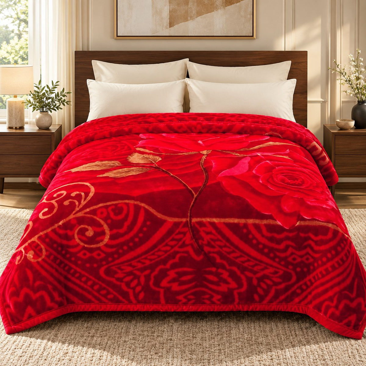 King size 85 x 95 inches rose mink blanket, full pattern flat lay
