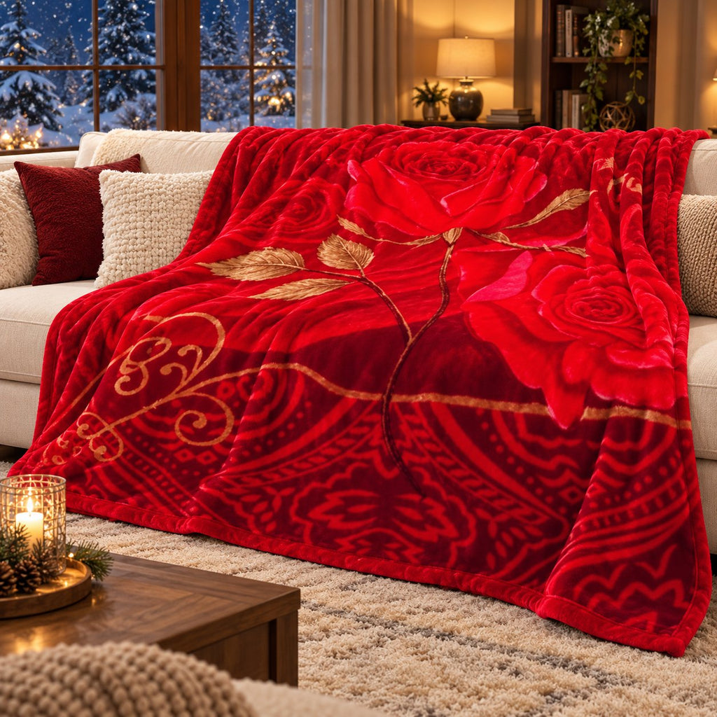 Red rose king blanket styled on bed