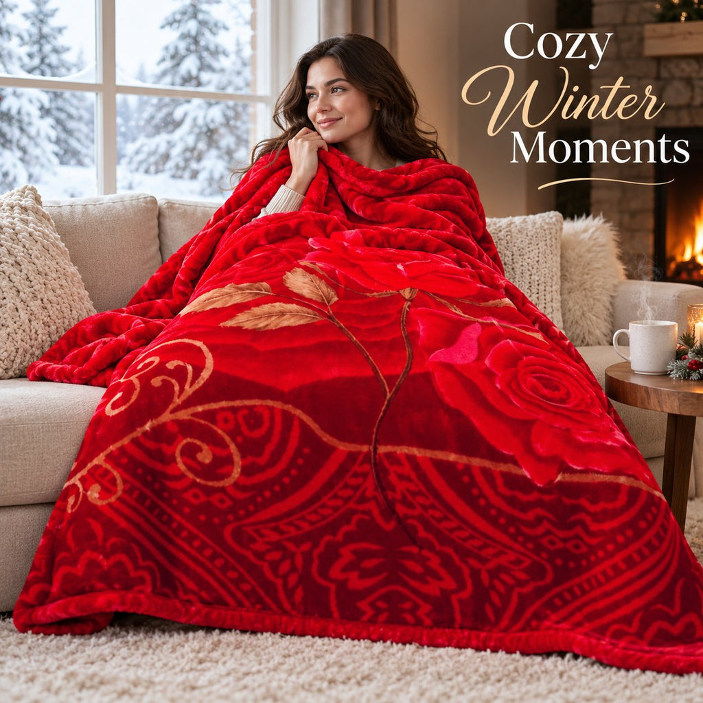 Cozy winter moments, woman relaxing with red rose blanket on sofa