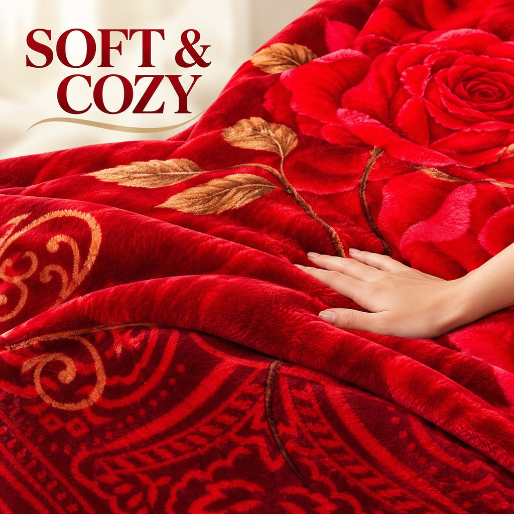 Soft and warm winter comfort, red rose blanket on bed
