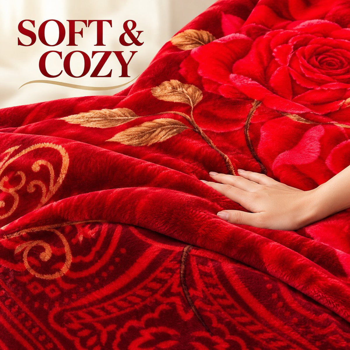 Soft and warm winter comfort, red rose blanket on bed