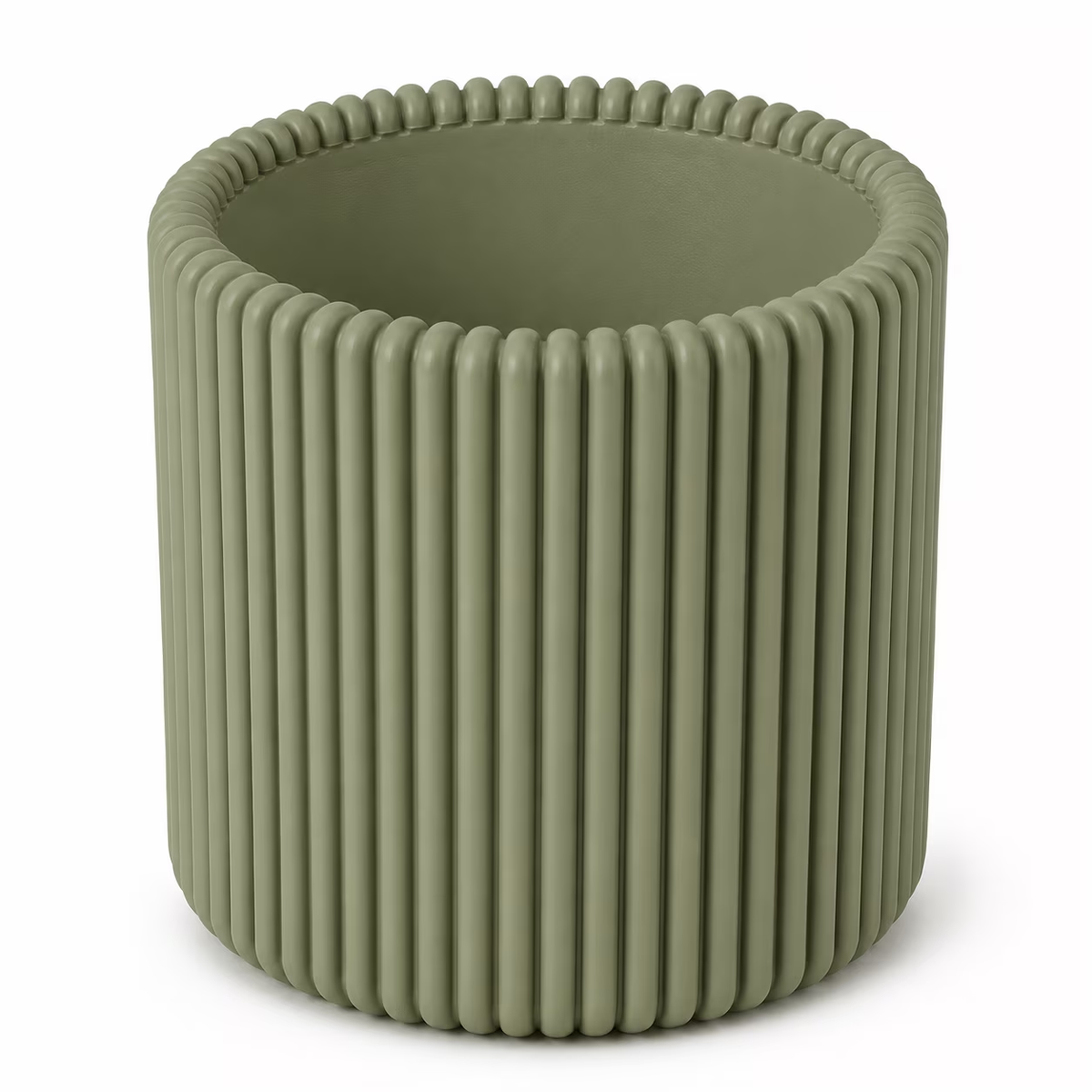 Sage green modern ribbed pencil holder, front view on white background