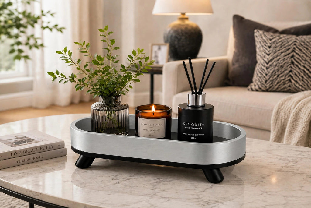 Silver oval tray on coffee table with vase, candle and diffuser