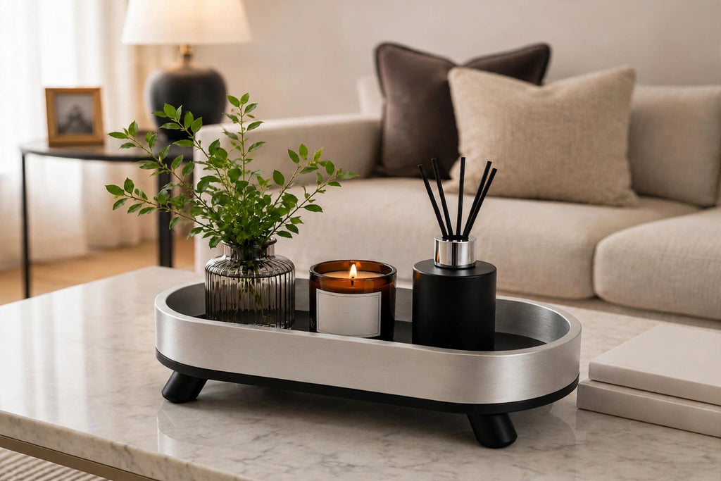 Silver oval tray on marble coffee table with decor books