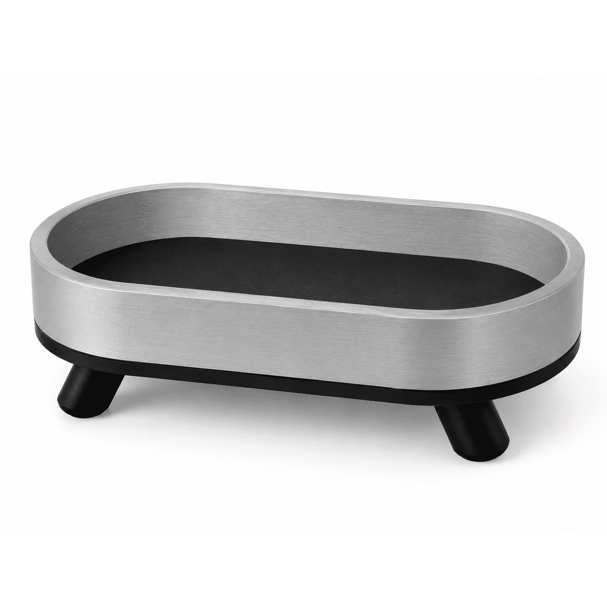 Silver and black oval decorative tray with feet, front view