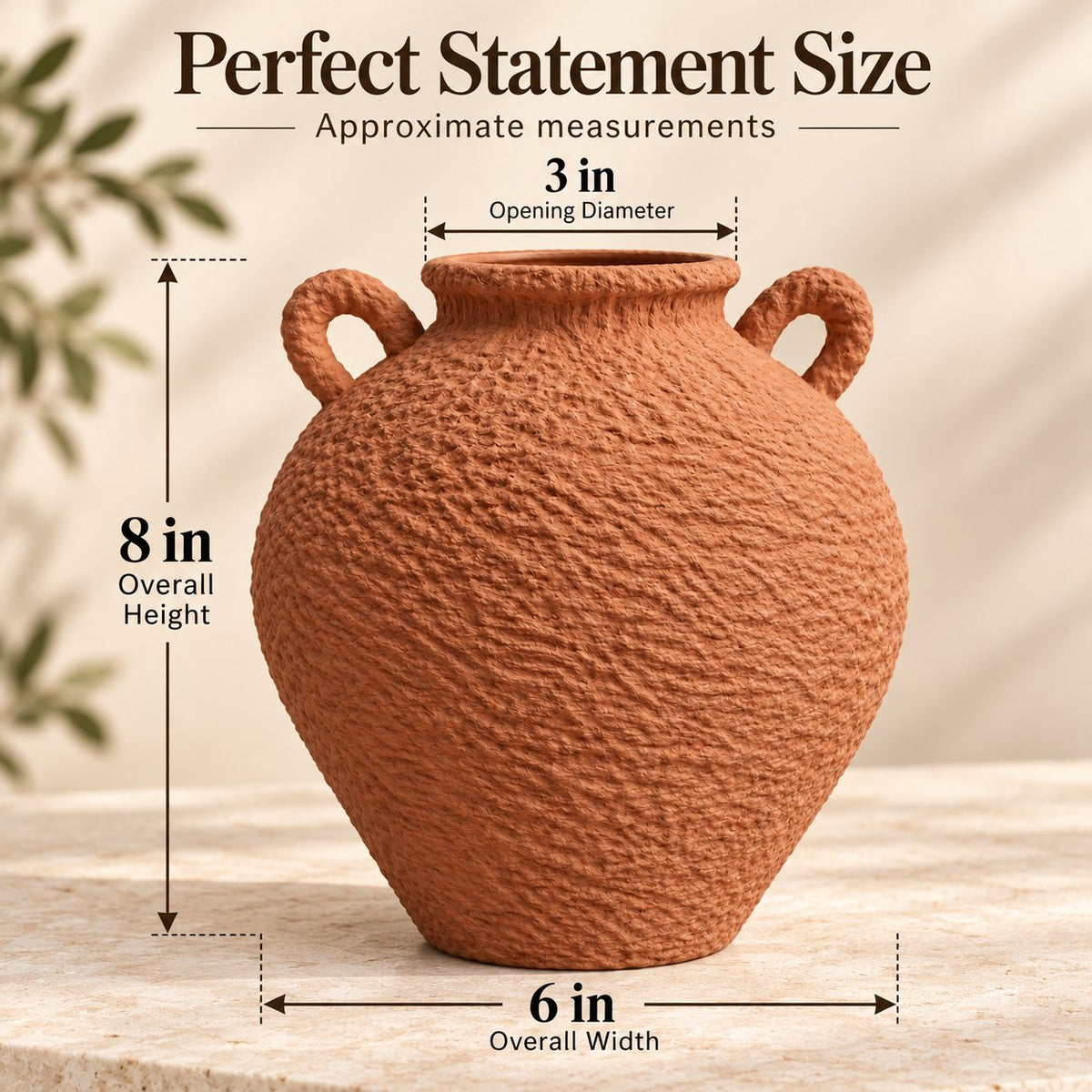 Terracotta vase dimensions: 8 inches tall, 6 inches wide, 3 inch opening