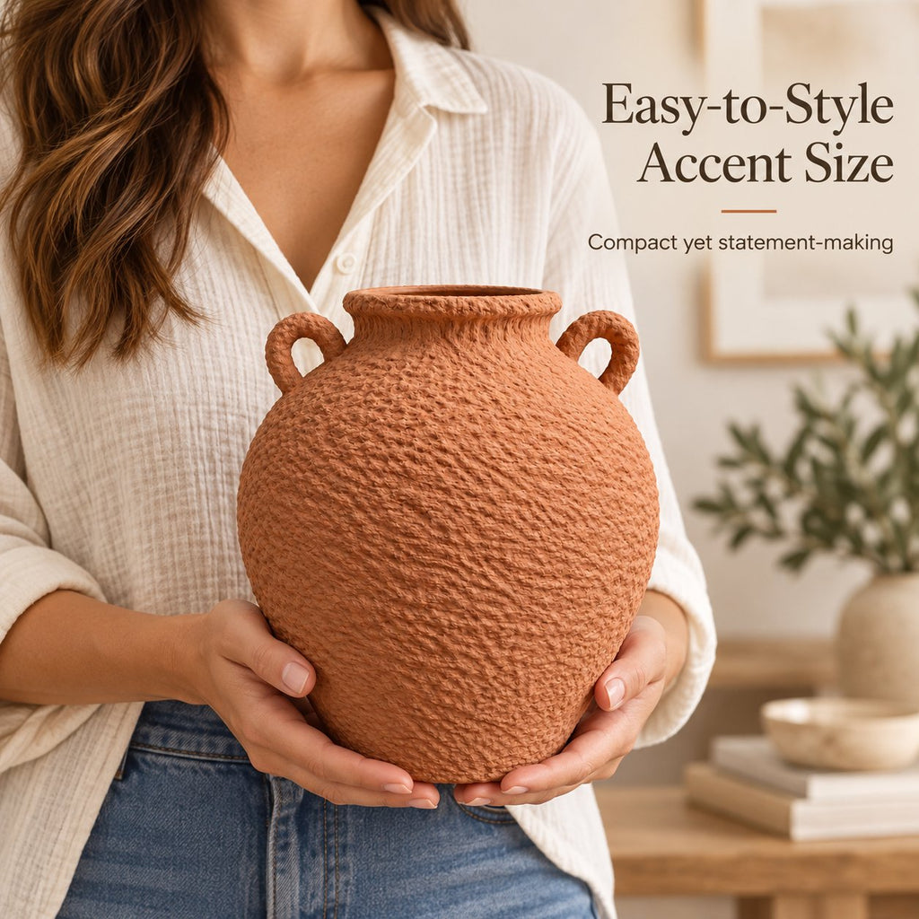 Woman holding terracotta textured vase, accent size