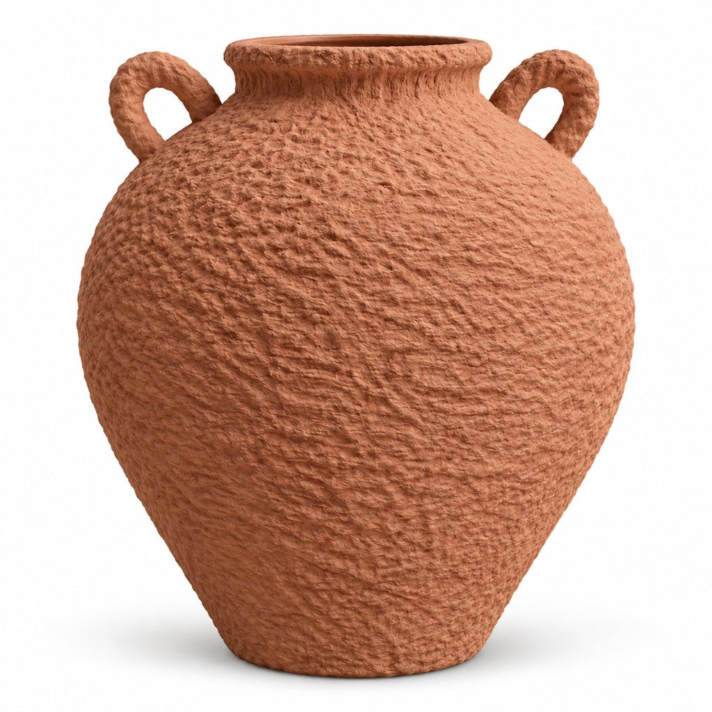 Terracotta textured vase with handles, front view
