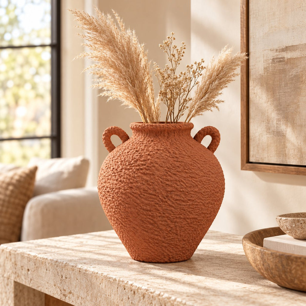 Terracotta vase with pampas grass on coffee table