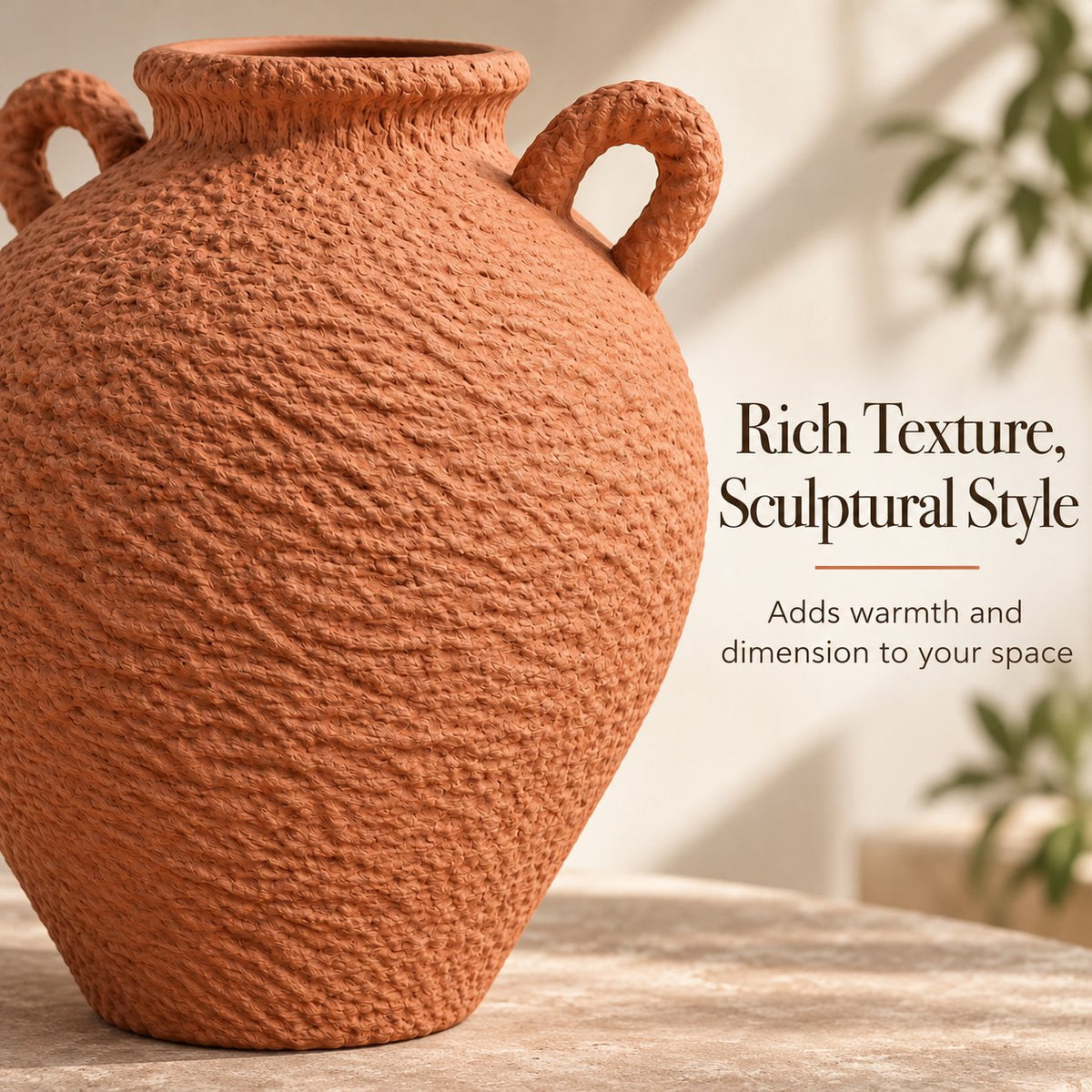 Close-up of rich hand-textured surface, terracotta vase