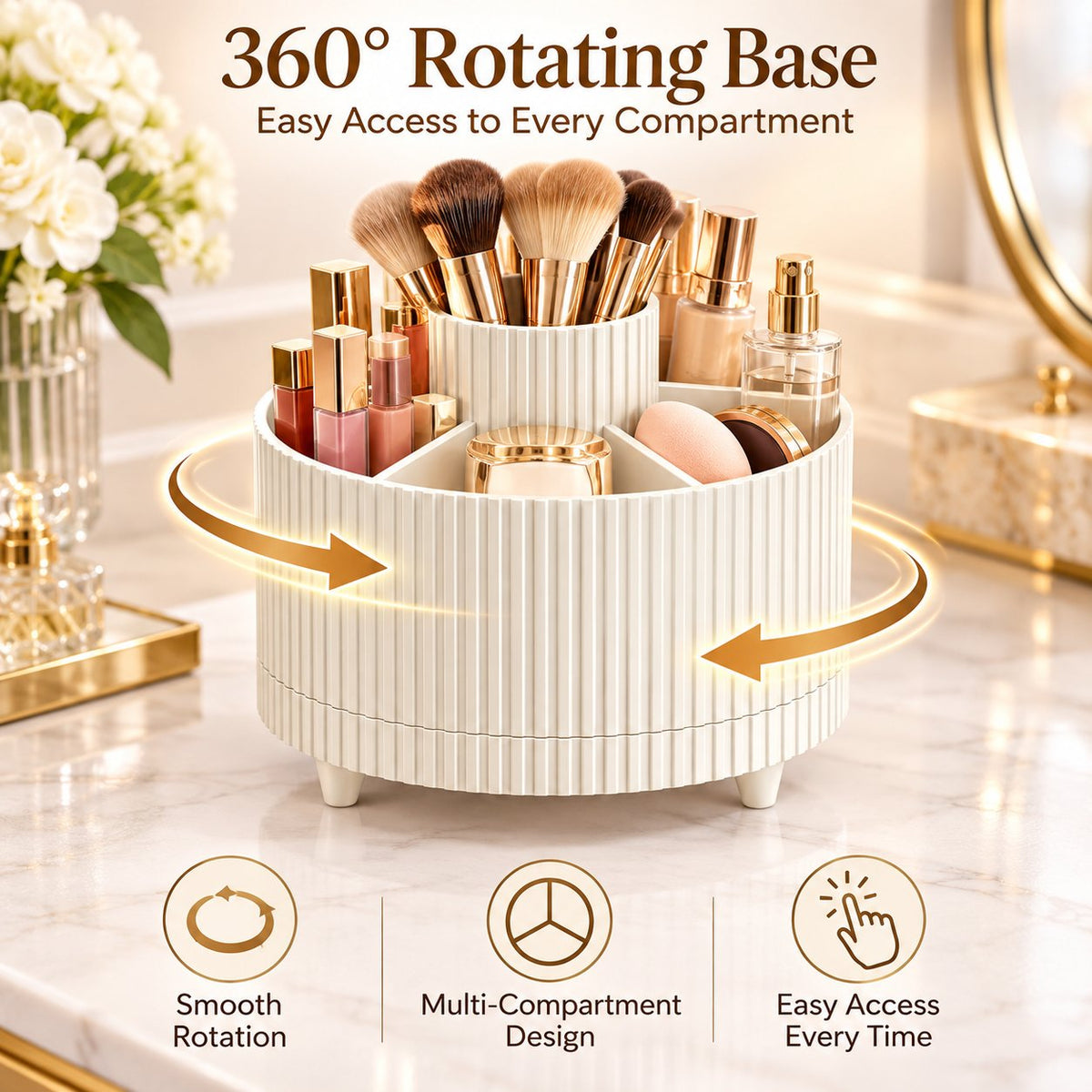 360° Rotating Makeup Organizer – 5-Compartment Spinning Desk & Vanity Storage Caddy