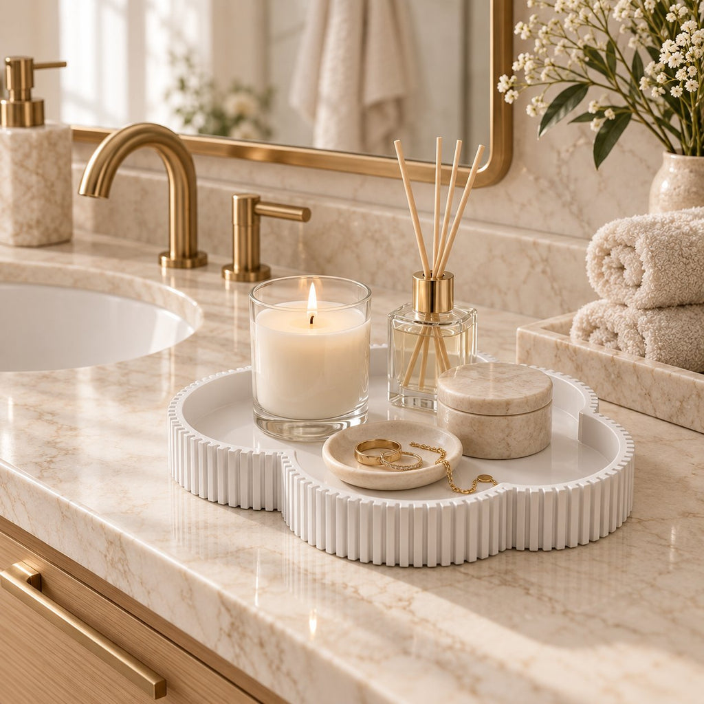 White clover tray on bathroom vanity with candle and jewelry