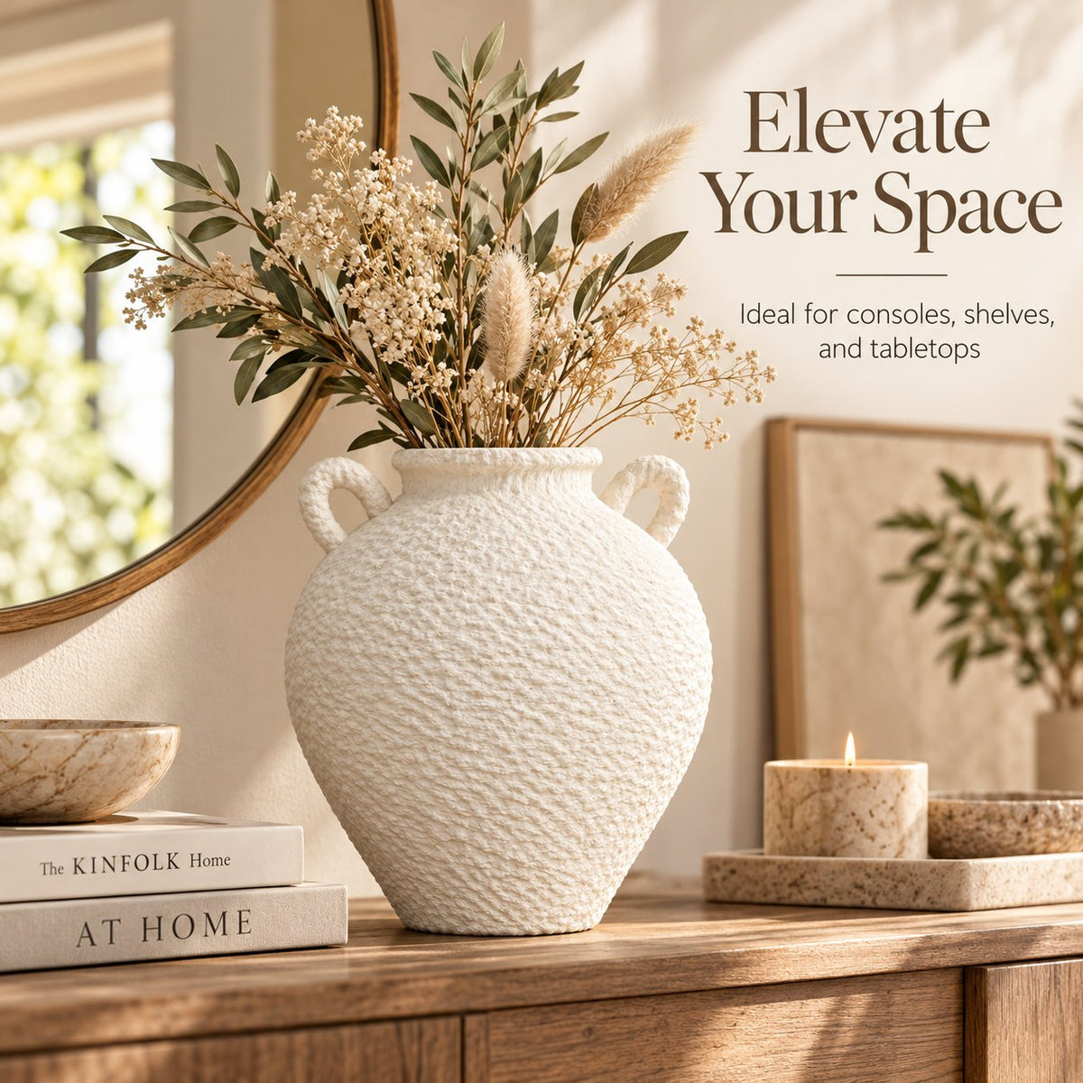 White textured vase styled on console with dried flowers