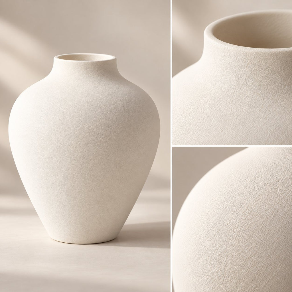 White matte vase detail collage showing smooth matte texture