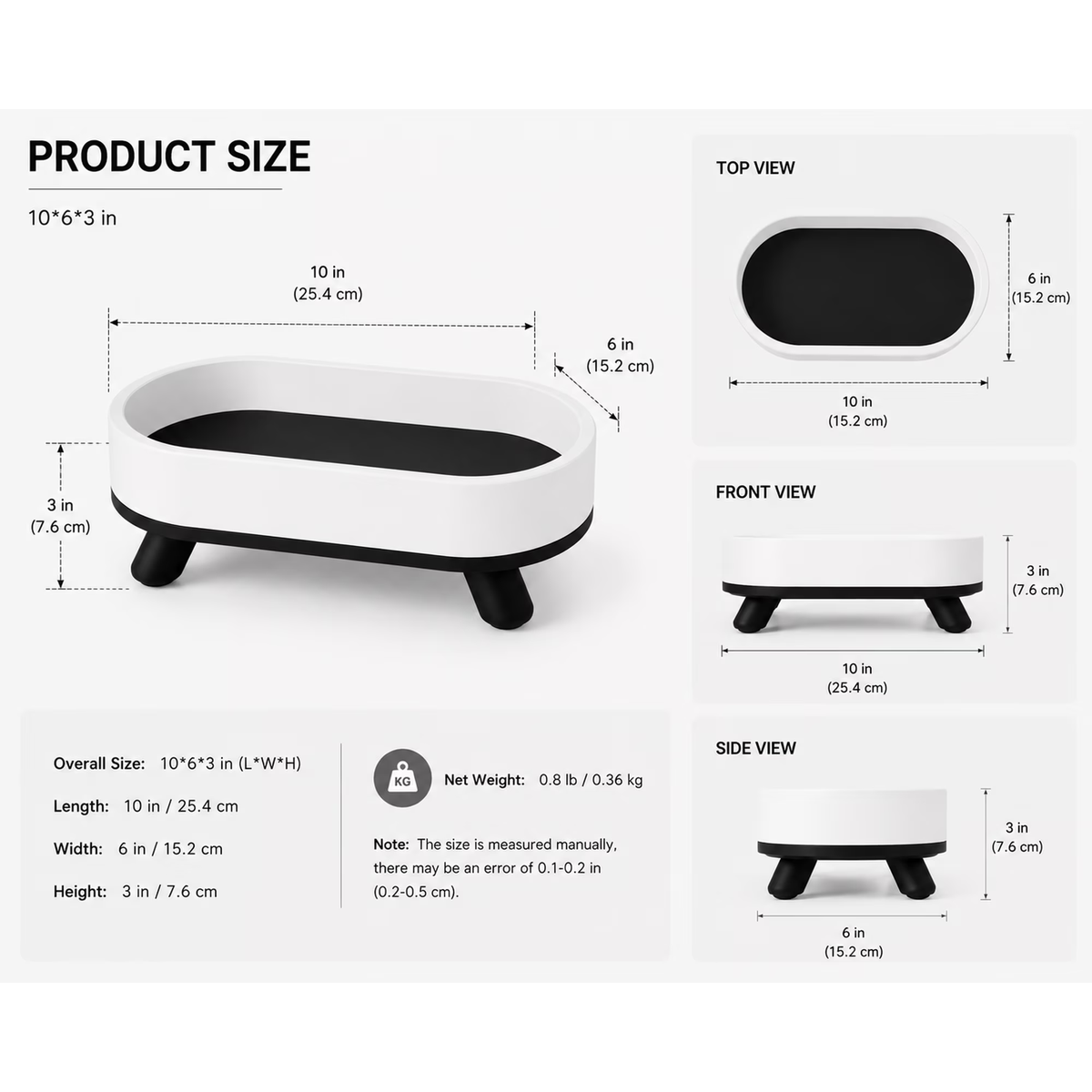 Oval tray product dimensions 10 x 6 x 3 inches infographic