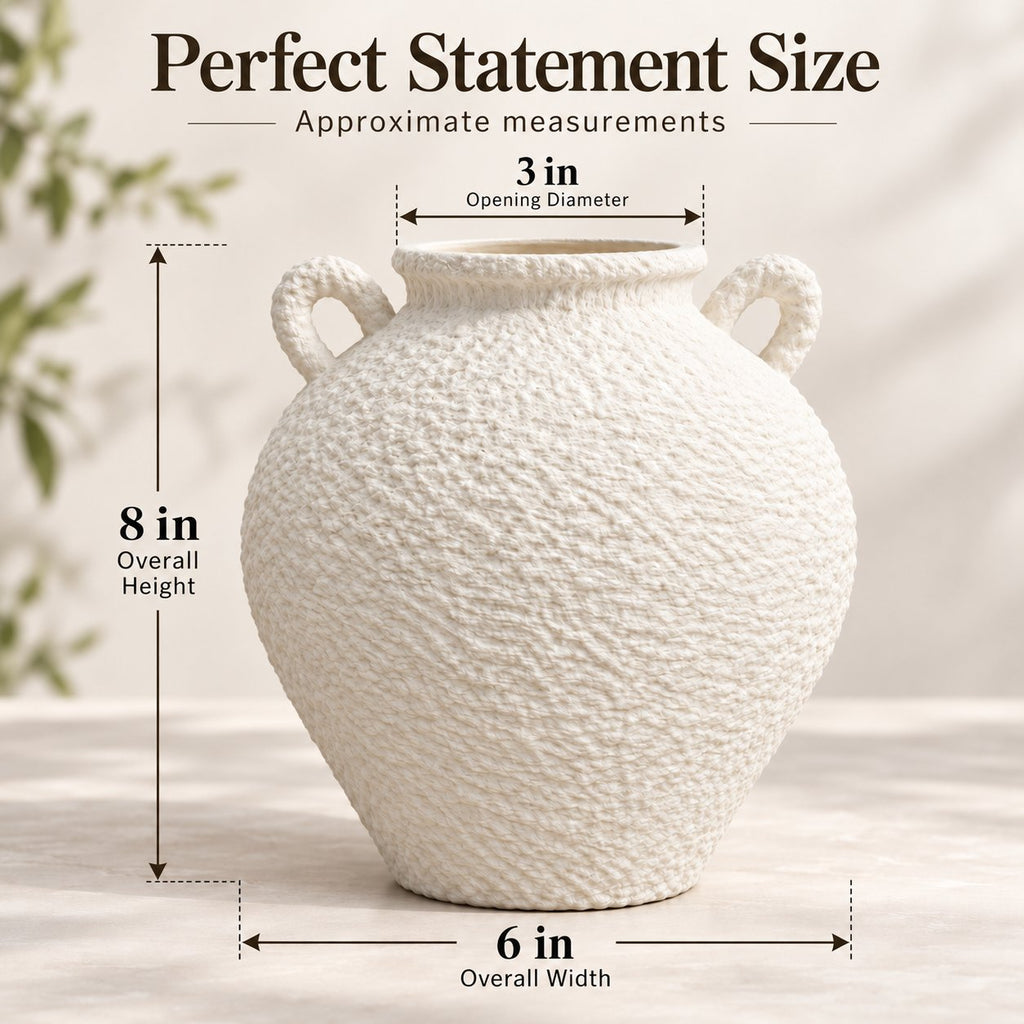 White vase dimensions: 8 inches tall, 6 inches wide, 3 inch opening