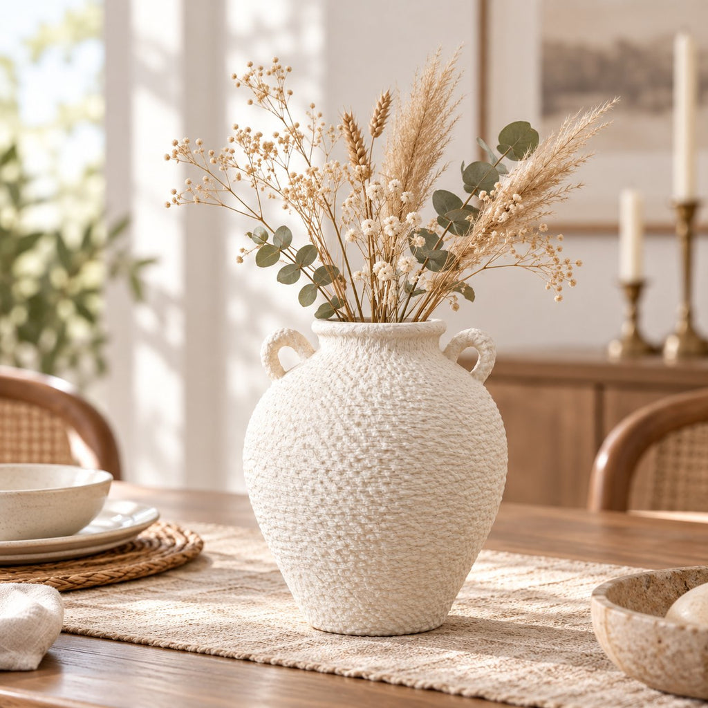 White textured vase on dining table with dried stems