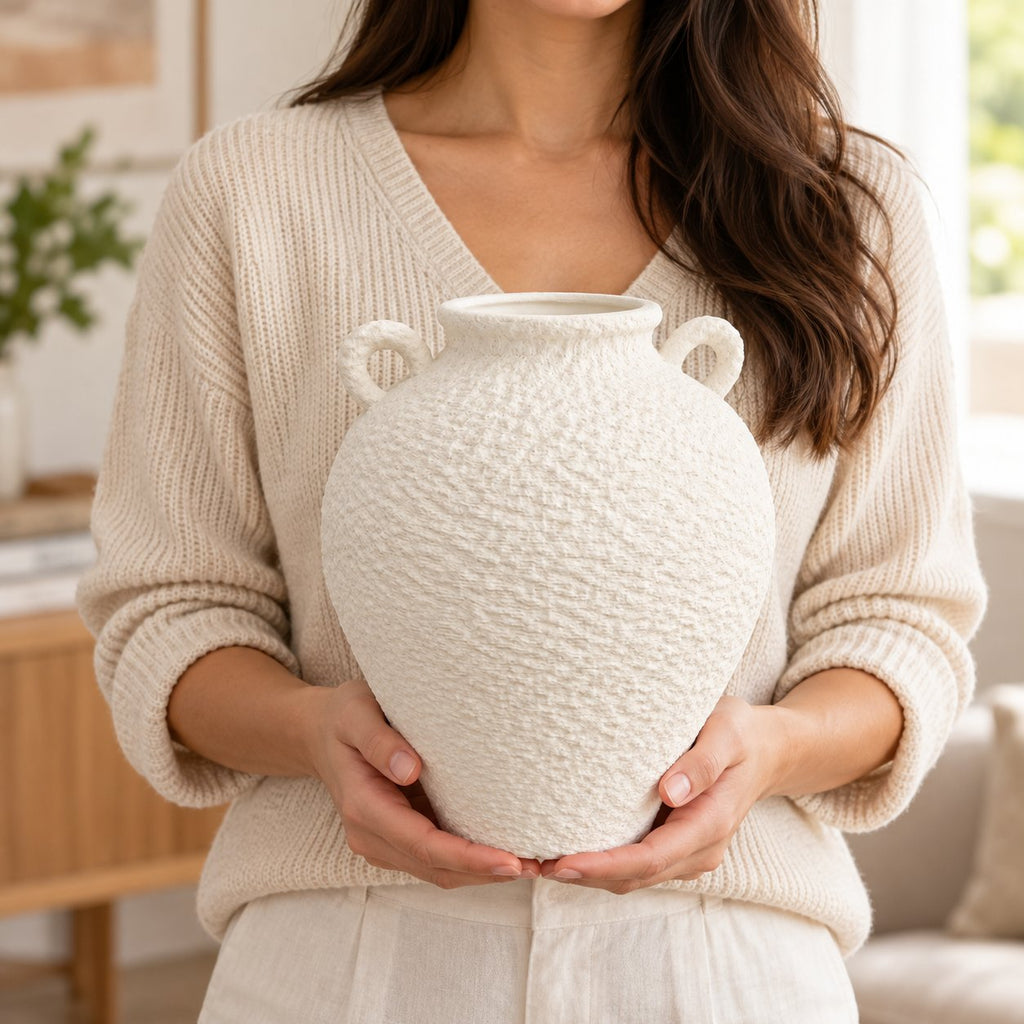 Woman holding white textured vase, accent size