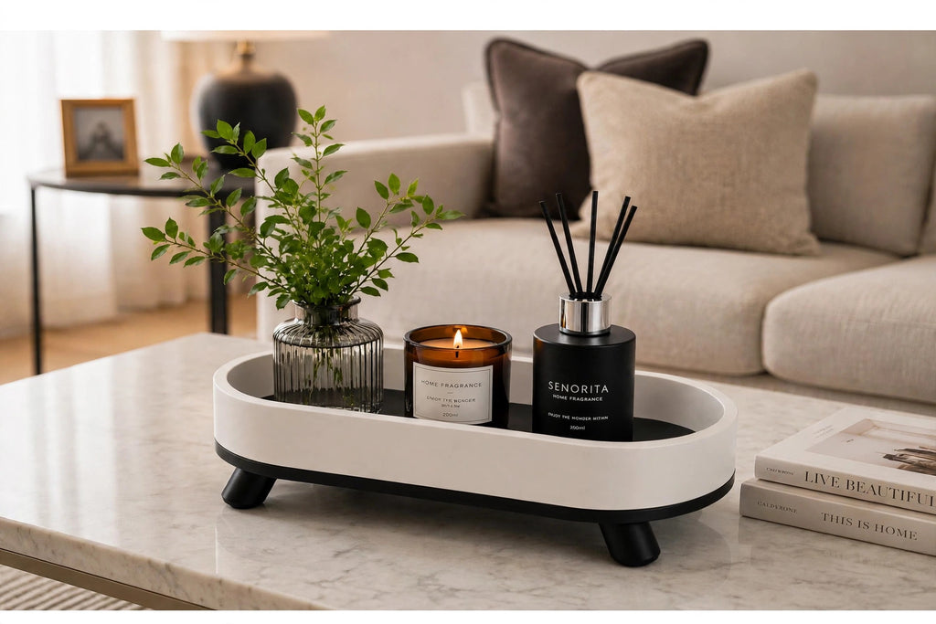 White oval tray on marble coffee table with decor books