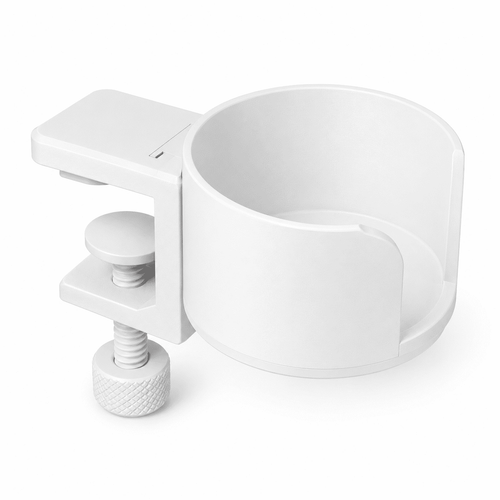 White desk cup holder with clamp, front view on white background