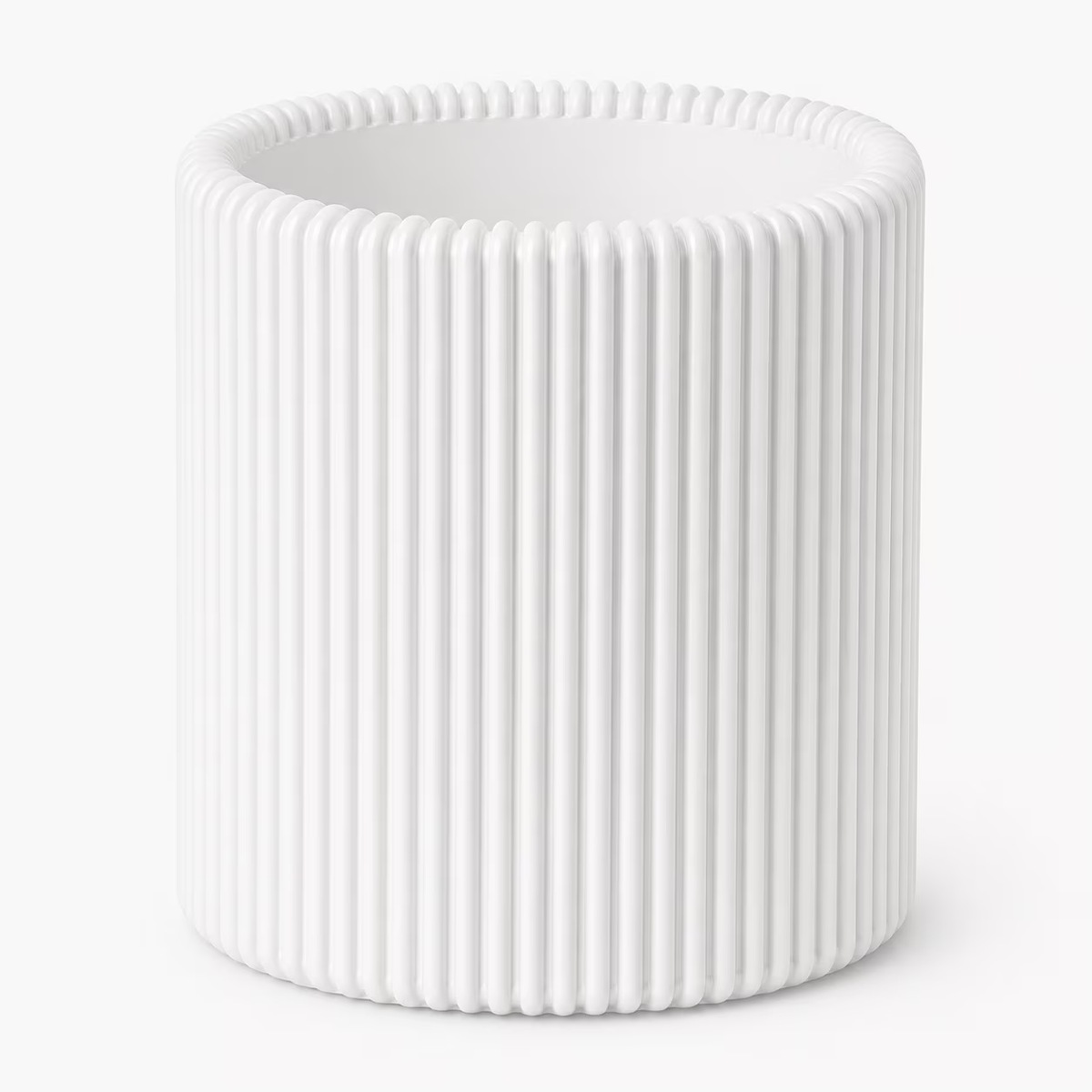 White modern ribbed pencil holder, front view on white background