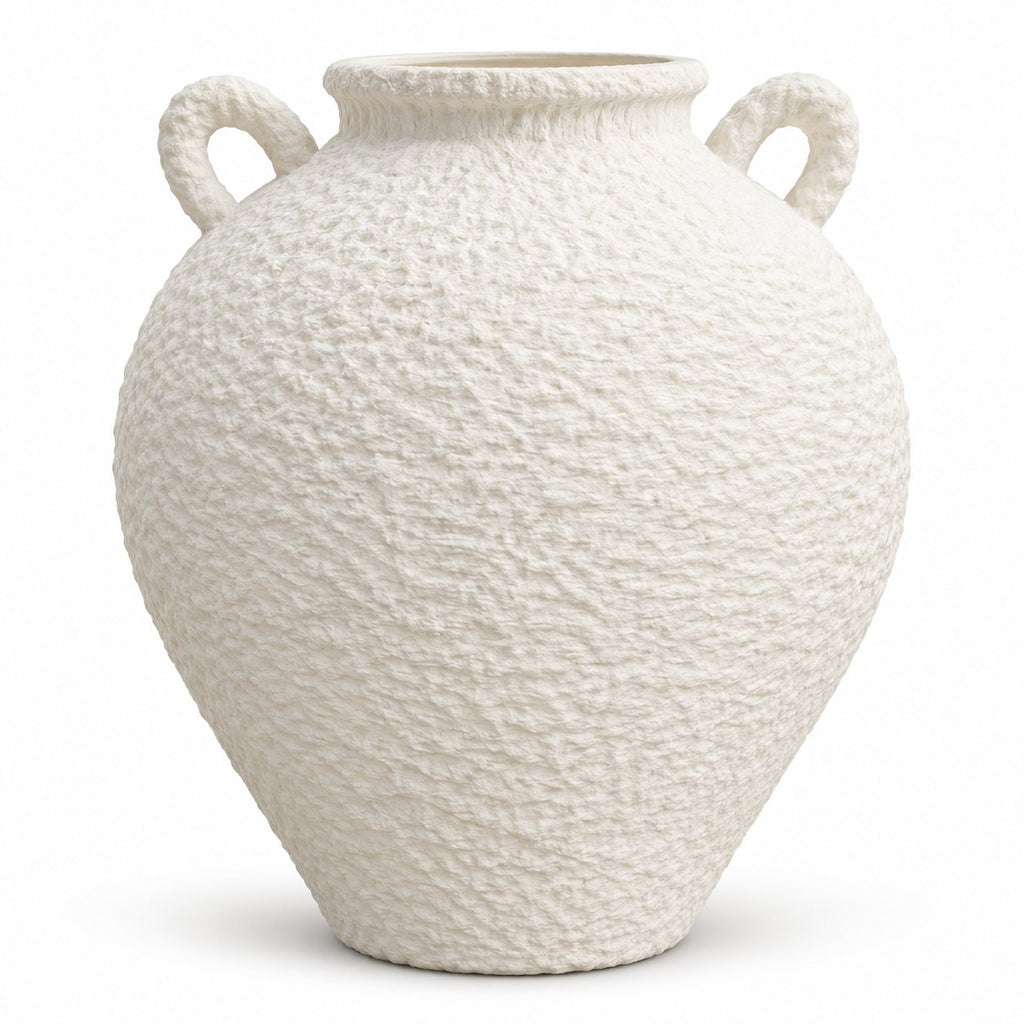 White textured vase with handles, front view