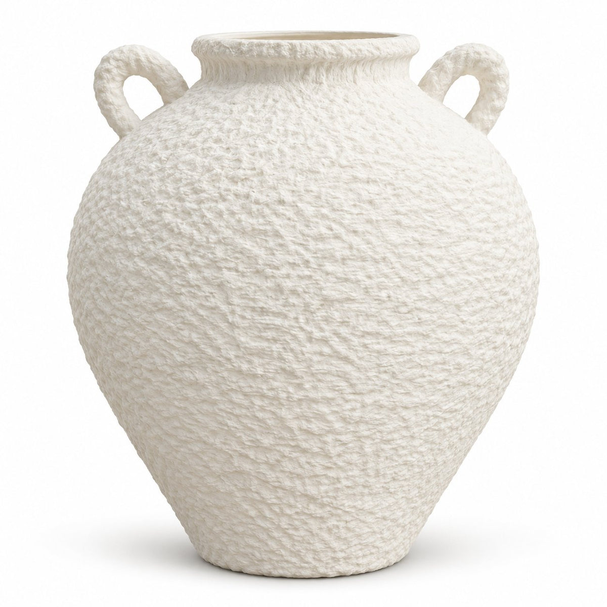 White textured vase with handles, front view