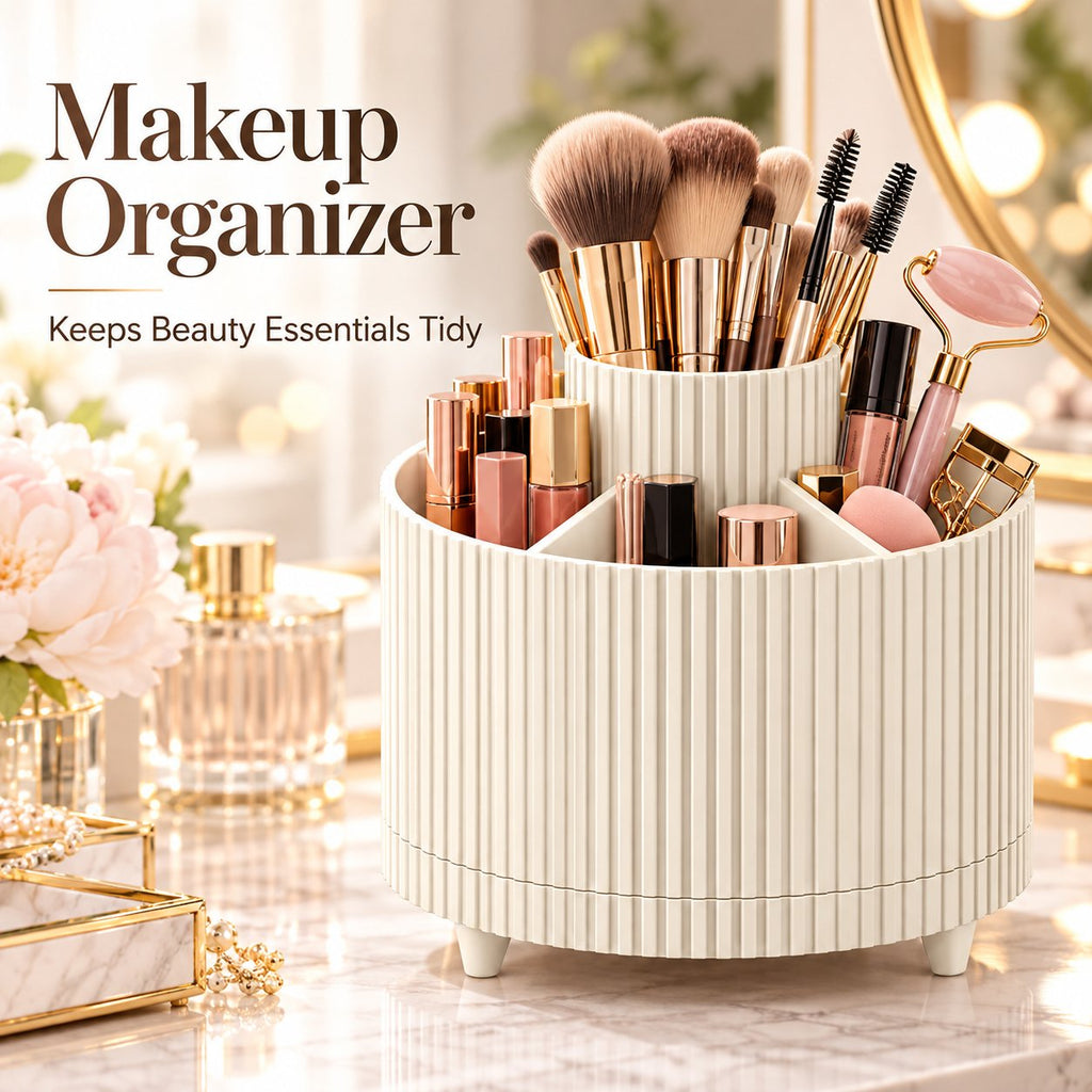 360° Rotating Makeup Organizer – 5-Compartment Spinning Desk & Vanity Storage Caddy