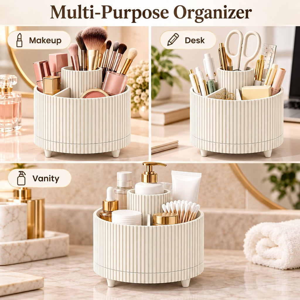 360° Rotating Makeup Organizer – 5-Compartment Spinning Desk & Vanity Storage Caddy