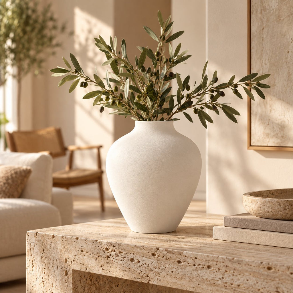 White matte vase with olive branches on travertine coffee table