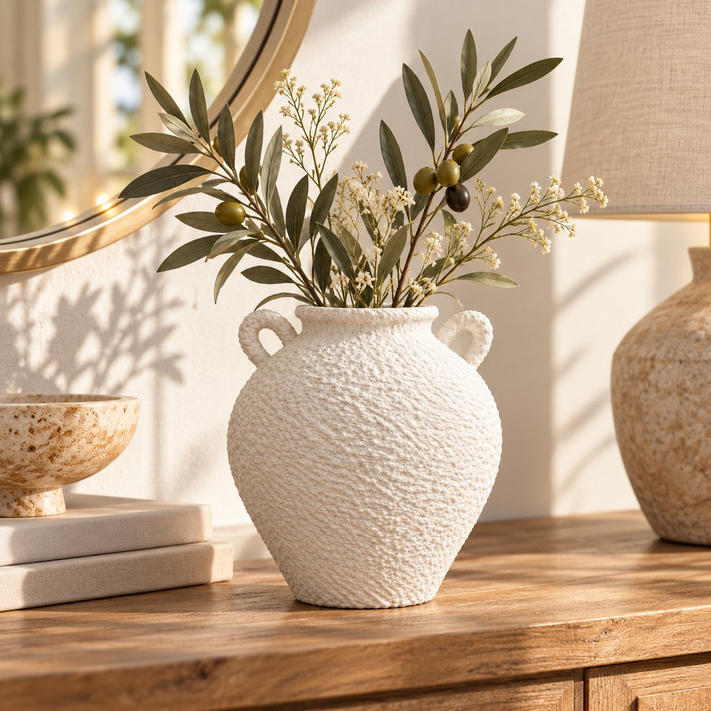White textured vase with olive branches on console