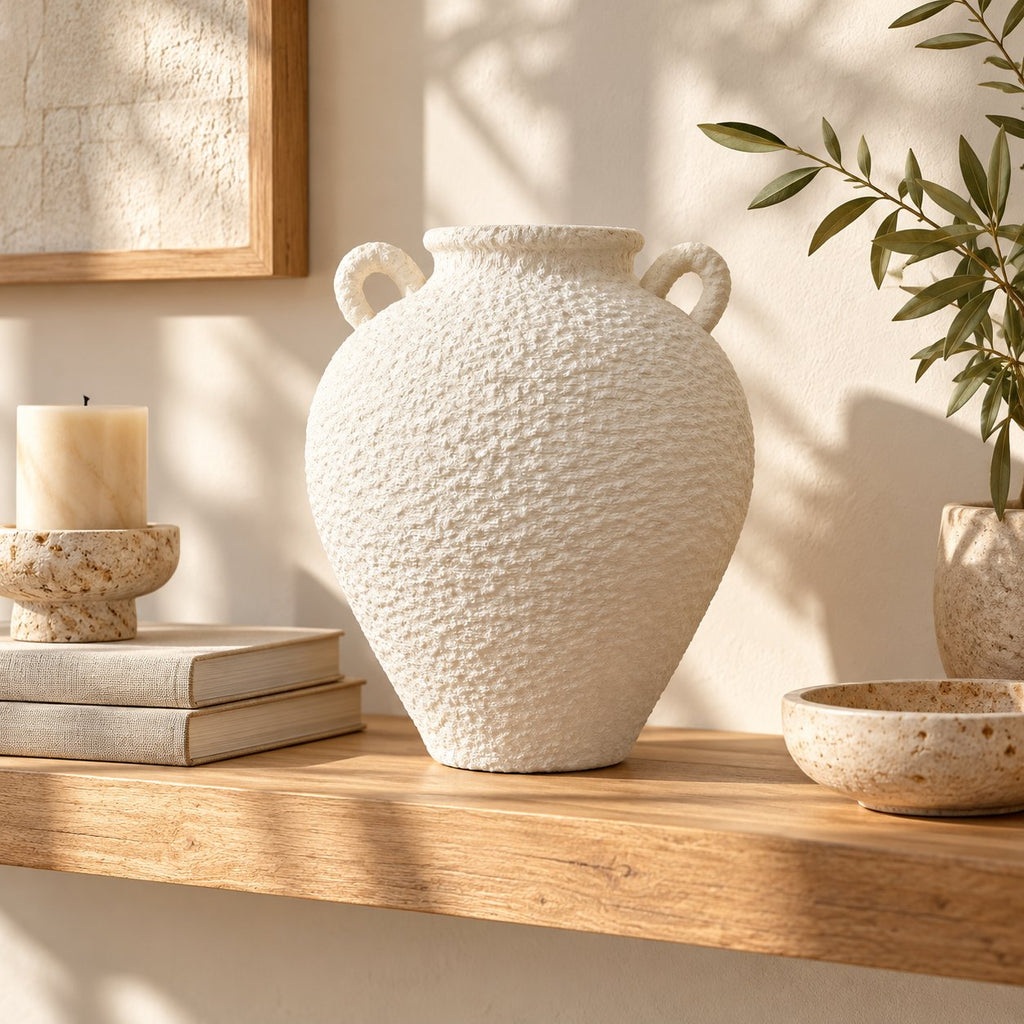 White textured vase on wooden shelf with candle and books