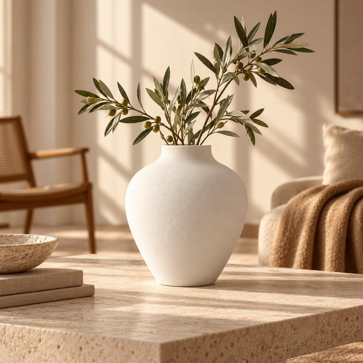 White matte vase with olive branches on travertine table