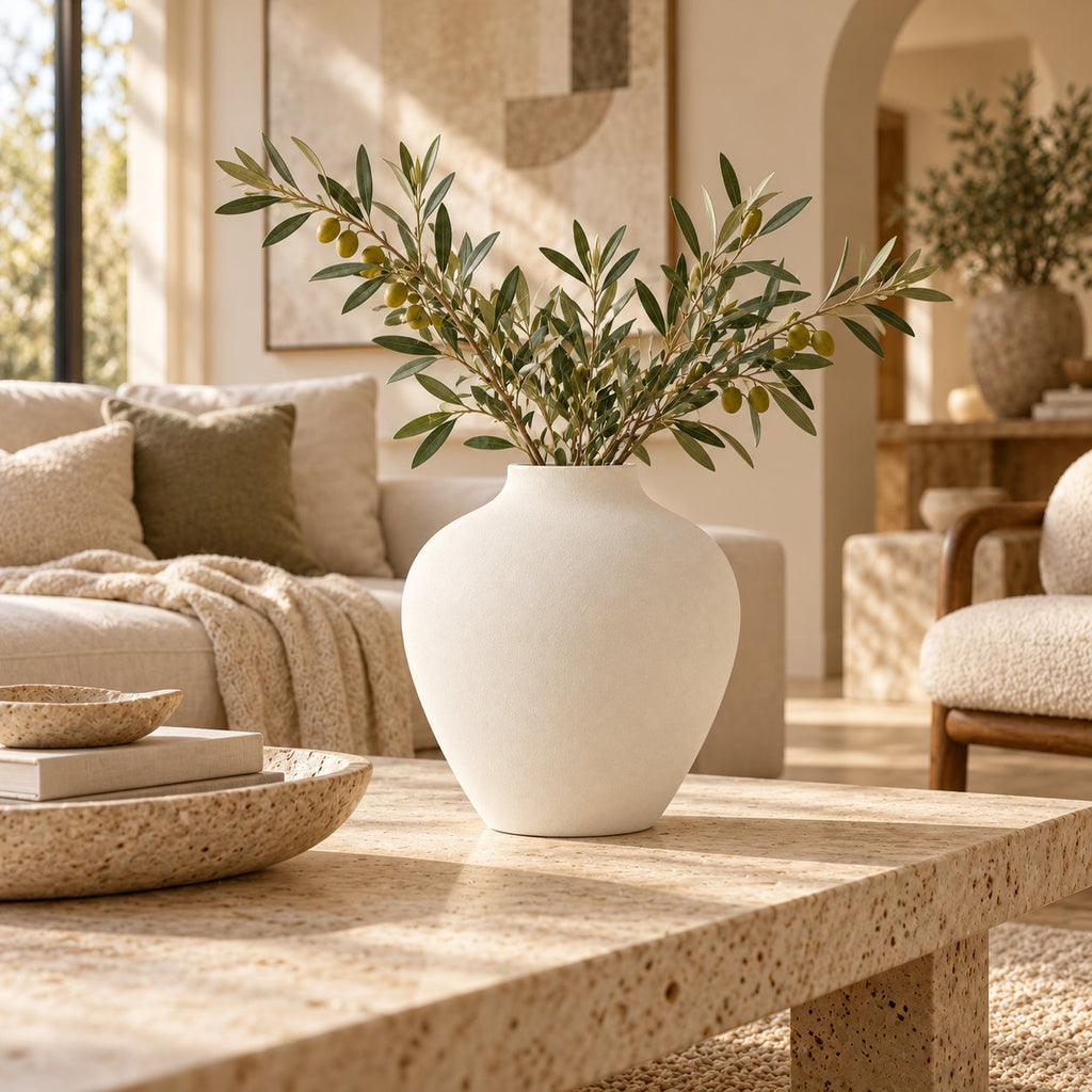 White matte vase with olive branches in bright living room