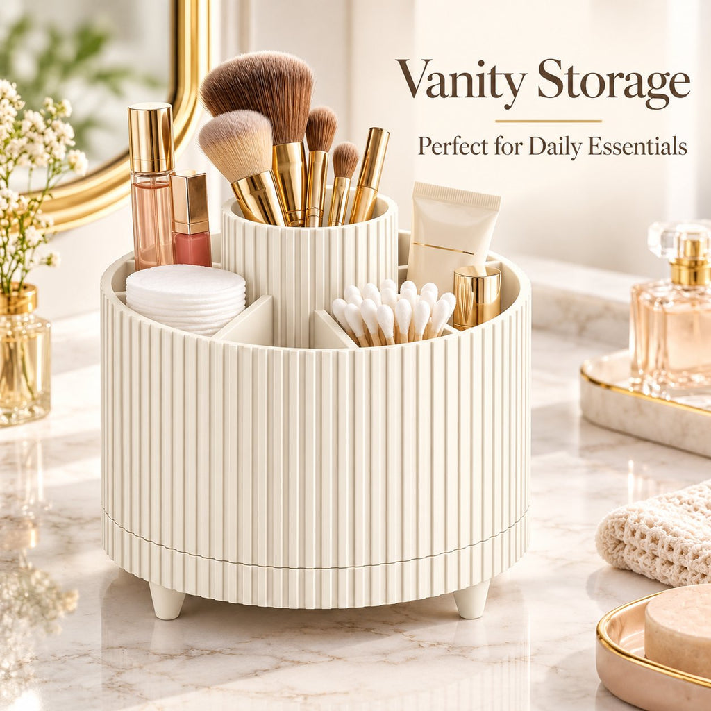 360° Rotating Makeup Organizer – 5-Compartment Spinning Desk & Vanity Storage Caddy