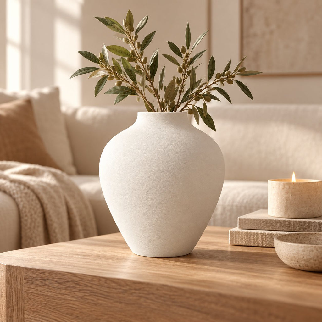 White matte vase with olive branches on wooden table