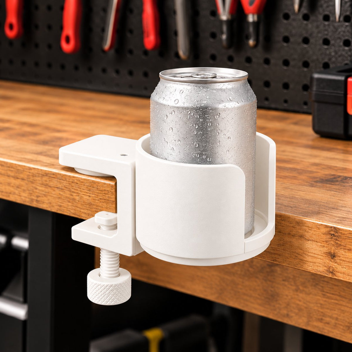 White desk cup holder on workbench holding soda can